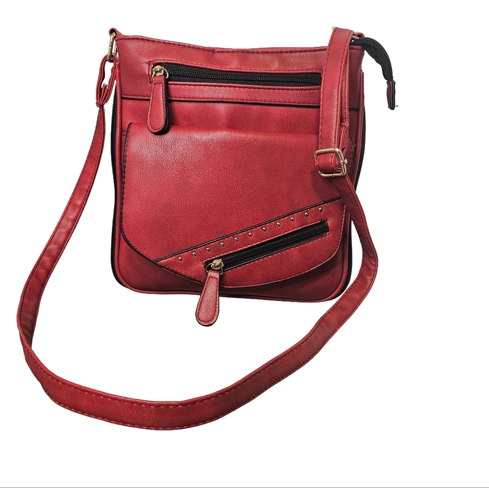 [Jess'Up] Crimson Red Vegan Leather Expandable Crossbody / Shoulder Bag